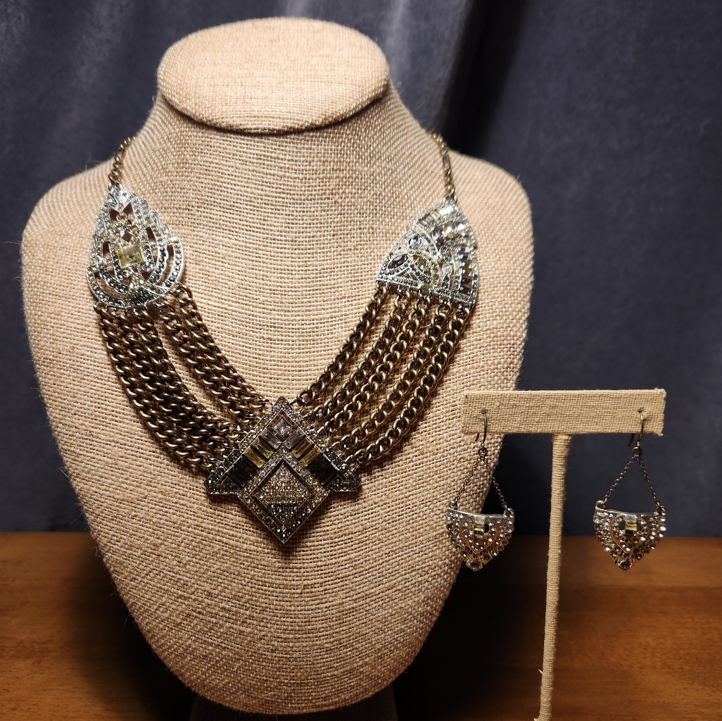Chloe Isabel Art Deco Chain Swag Statement Necklace Trapeze Earrings 90$